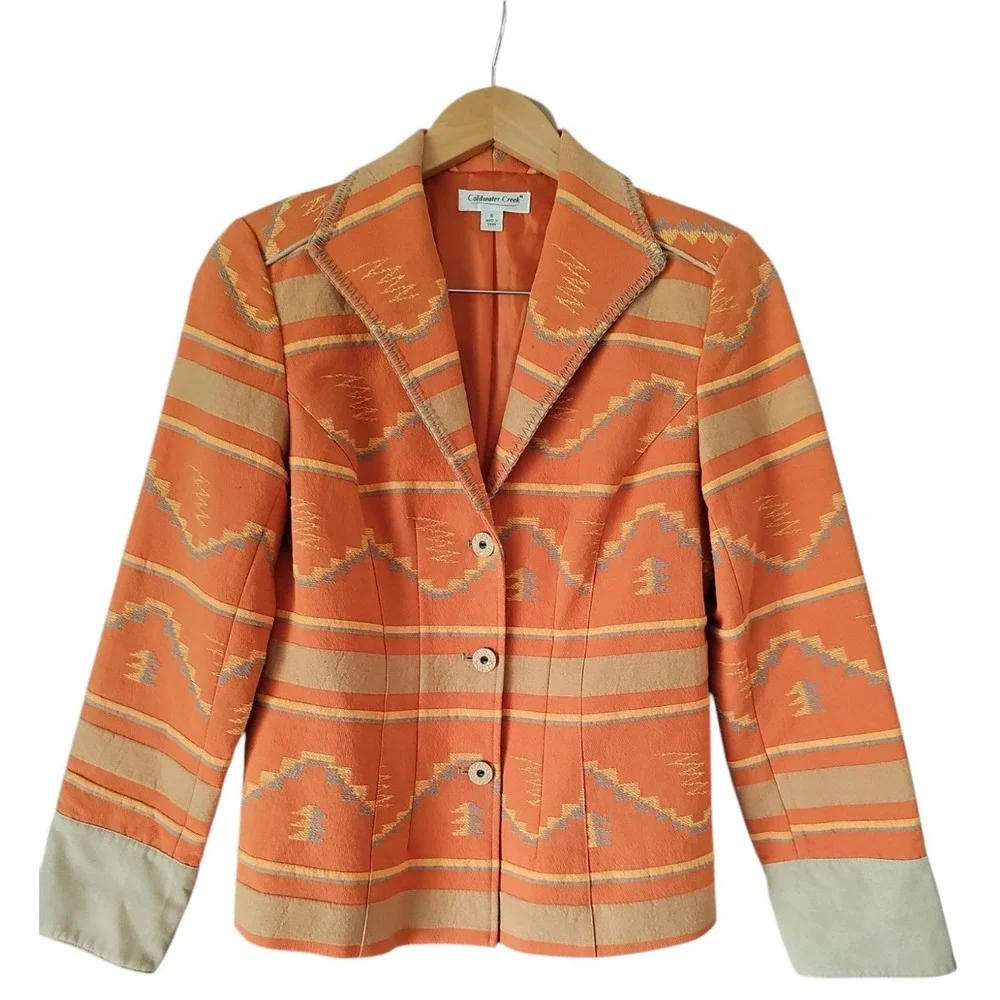 COLDWATER CREEK Cotton 90's Southwestern 3 Wooden Buttons Art to Wear Jacket 6‎